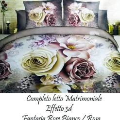 COMPLETO LETTO 3D LENZUOLA MATRIMONIALE SOTTO SOPRA COPRICUSCINI ROSE COLORATE