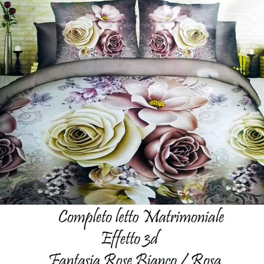 COMPLETO LETTO 3D LENZUOLA MATRIMONIALE SOTTO SOPRA COPRICUSCINI ROSE COLORATE