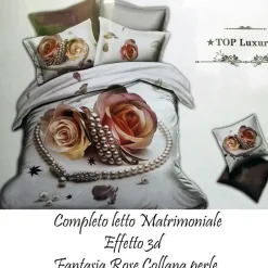 COMPLETO LETTO 3D LENZUOLA MATRIMONIALE SOTTO SOPRA COPRICUSCINI ROSE CON PERLE