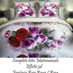 COMPLETO LETTO 3D LENZUOLA MATRIMONIALE SOTTO SOPRA COPRICUSCINI ROSE ROSSE