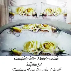 COMPLETO LETTO 3D LENZUOLA MATRIMONIALE SOTTO SOPRA COPRICUSCINI ROSE CON ANELLI