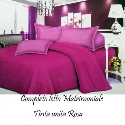 COMPLETO LETTO LENZUOLA MATRIMONIALE CON COPRI CUSCINI TINTA UNITA COLORE ROSA