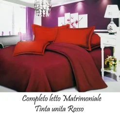 COMPLETO LETTO LENZUOLA MATRIMONIALE CON COPRI CUSCINI TINTA UNITA COLORE ROSSO