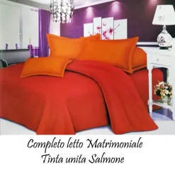 COMPLETO LETTO LENZUOLA MATRIMONIALE CON COPRICUSCINI TINTA UNITA COLORE SALMONE