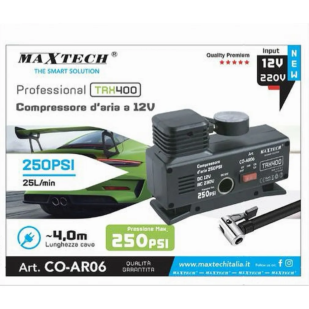 COMPRESSORE COMPATTO AD ARIA CON MANOMETRO PNEUMATICI 12V 250PSI 25L/MIN CO-AR06