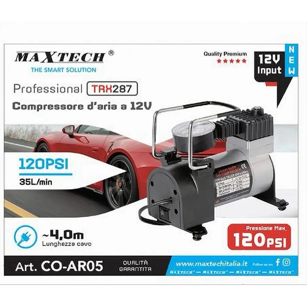 COMPRESSORE D'ARIA A 12V 120PSI 35L/MIN PER AUTO CAVO 4MT PROFESSIONALE CO-AR05