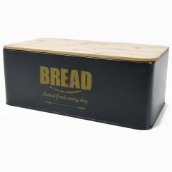 CONTENITORE PORTAPANE VINTAGE NERO COPERCHIO TAGLIERE IN LEGNO LATTA ALIMENTI