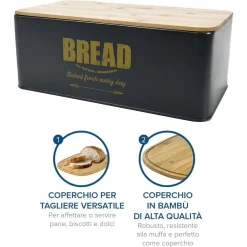 CONTENITORE PORTAPANE VINTAGE NERO COPERCHIO TAGLIERE IN LEGNO LATTA ALIMENTI