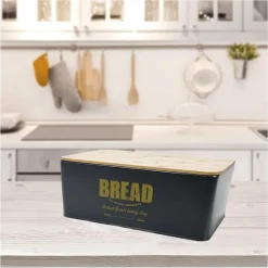 CONTENITORE PORTAPANE VINTAGE NERO COPERCHIO TAGLIERE IN LEGNO LATTA ALIMENTI