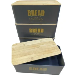 CONTENITORE PORTAPANE VINTAGE NERO COPERCHIO TAGLIERE IN LEGNO LATTA ALIMENTI