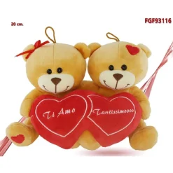 COPPIA ORSETTI CON DOPPIO CUORE 20CM PELUCHE LACCETTI REGALO SAN VALENTINO 93116