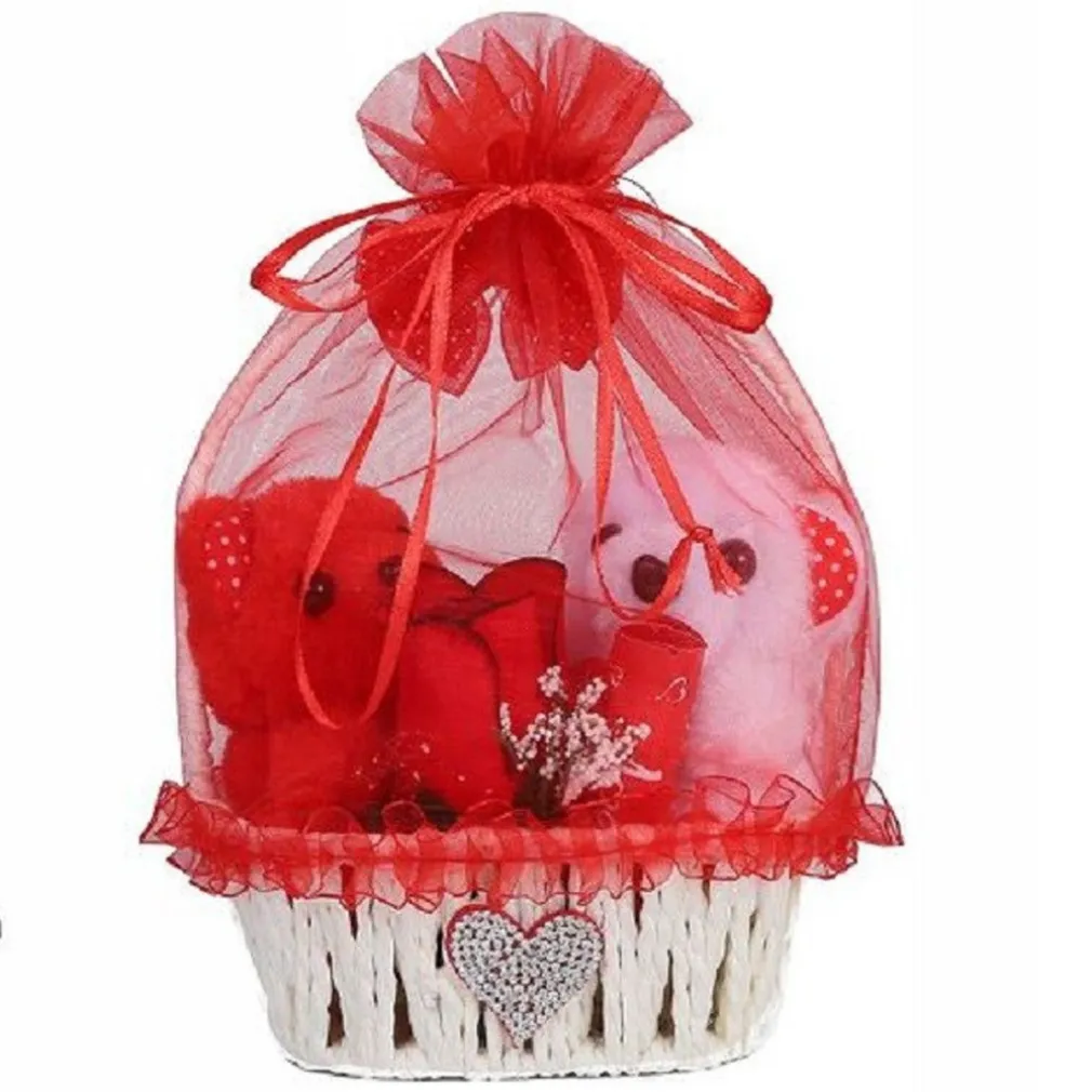 COPPIA PELUCHE ORSETTI CON CESTA FIORE ROSSO IDEA REGALO PER SAN VALENTINO 63296