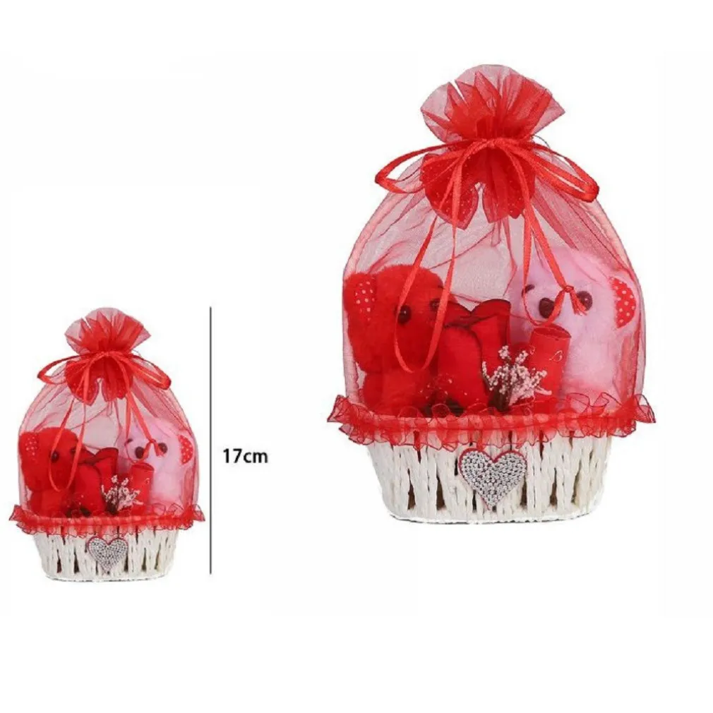 COPPIA PELUCHE ORSETTI CON CESTA FIORE ROSSO IDEA REGALO PER SAN VALENTINO 63296