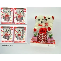 COPPIA PELUCHE ORSETTI CON TAZZONE FIORE IDEA REGALO PER SAN VALENTINO 4 MODELLI