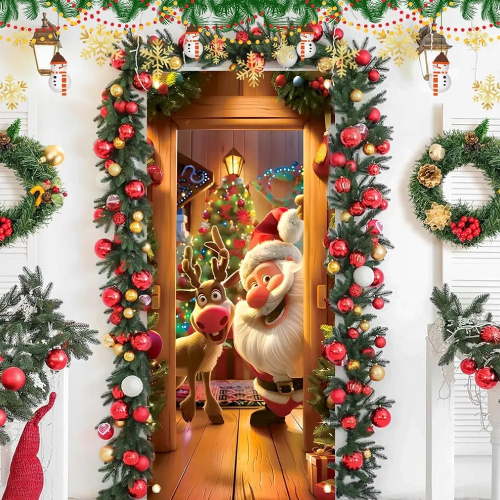 COPRI PORTA NATALIZIO CON ELASTICO DECORAZIONI SFONDI ADDOBBI NATALE 90X210 CM