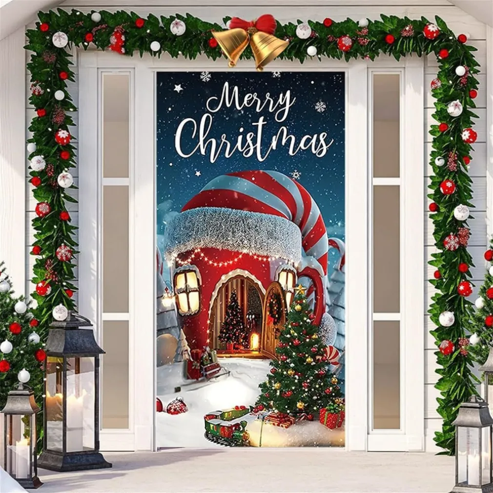 COPRI PORTA NATALIZIO CON ELASTICO DECORAZIONI SFONDI ADDOBBI NATALE 90X210 CM