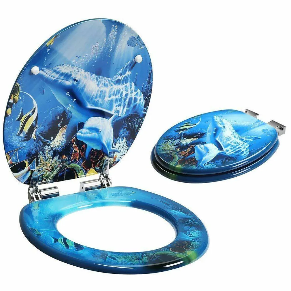 COPRIWATER UNIVERSALE CON STAMPA DELFINI OCEANO COPRI TAVOLETTA WC BAGNO LEGNO