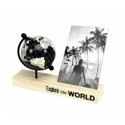 CORNICE PORTA FOTO FOTOGRAFIE CON BASE LEGNO MAPPAMONDO NERO DECORAZIONE 210081