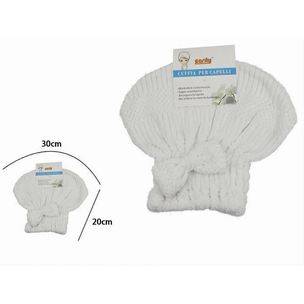 CUFFIA ASCIUGA CAPELLI ASCIUGAMANO DOCCIA MORBIDO ASSORBENTE FIOCCO BIANCO 79624
