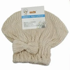 CUFFIA ASCIUGA CAPELLI ASCIUGAMANO DOCCIA MORBIDO ASSORBENTE FIOCCO BEIGE 79627