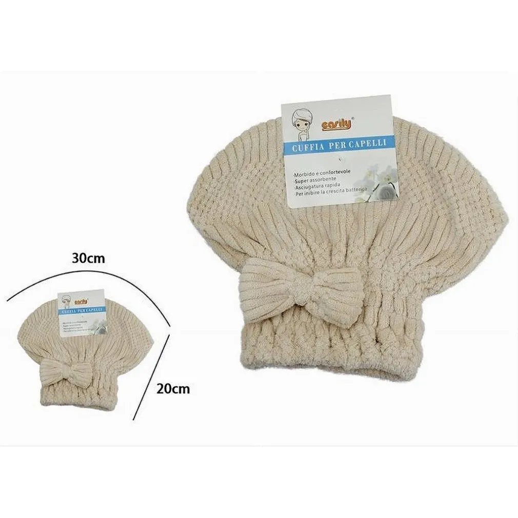 CUFFIA ASCIUGA CAPELLI ASCIUGAMANO DOCCIA MORBIDO ASSORBENTE FIOCCO BEIGE 79627