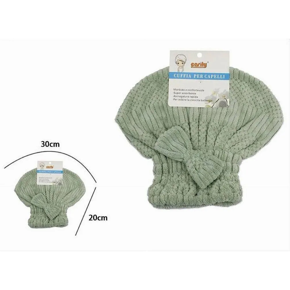 CUFFIA ASCIUGA CAPELLI ASCIUGAMANO DOCCIA MORBIDO ASSORBENTE FIOCCO VERDE 79626