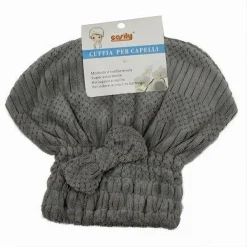 CUFFIA ASCIUGA CAPELLI ASCIUGAMANO DOCCIA MORBIDO ASSORBENTE FIOCCO GRIGIO 79629