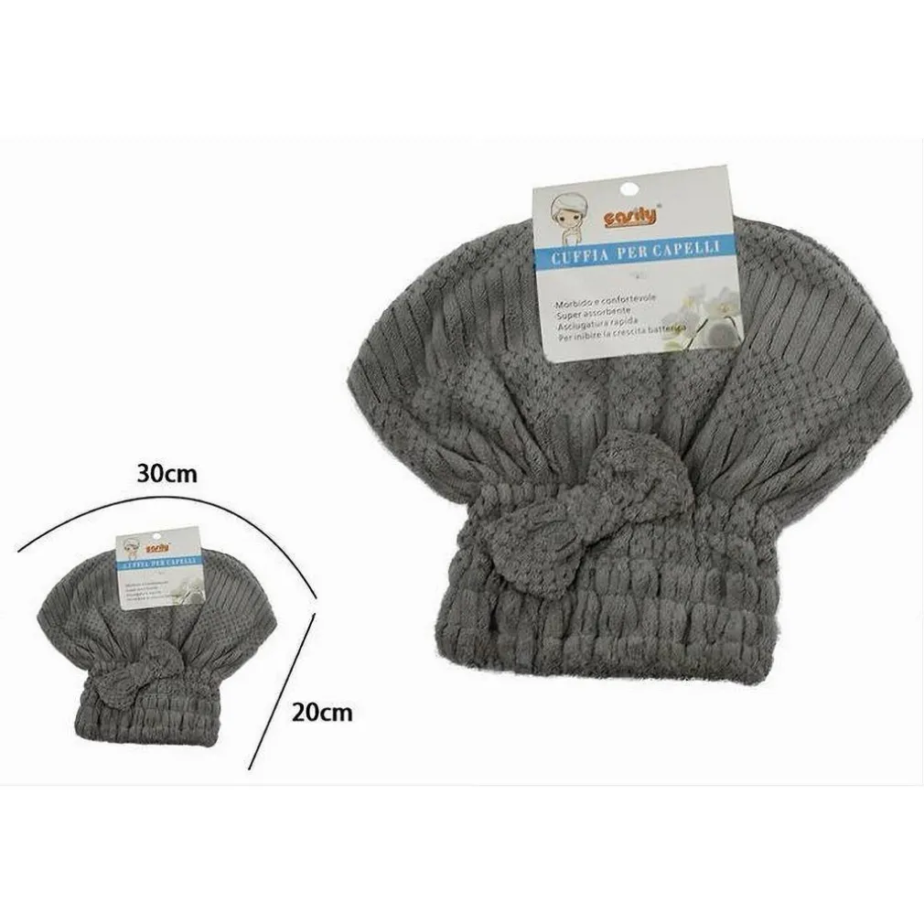 CUFFIA ASCIUGA CAPELLI ASCIUGAMANO DOCCIA MORBIDO ASSORBENTE FIOCCO GRIGIO 79629