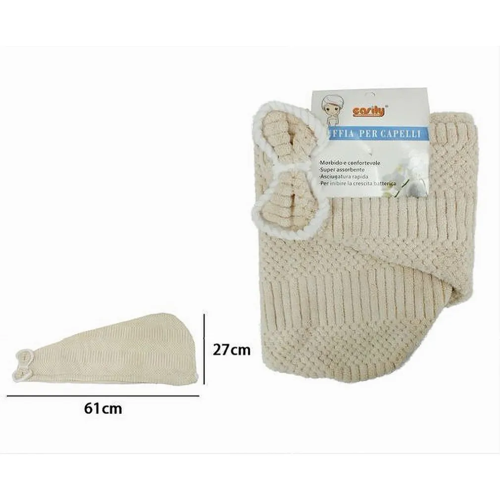 CUFFIA ASCIUGAMANO SHAMPOO BAGNO DOCCIA ASCIUGA CAPELLI FIOCCHETTO BEIGE 79633