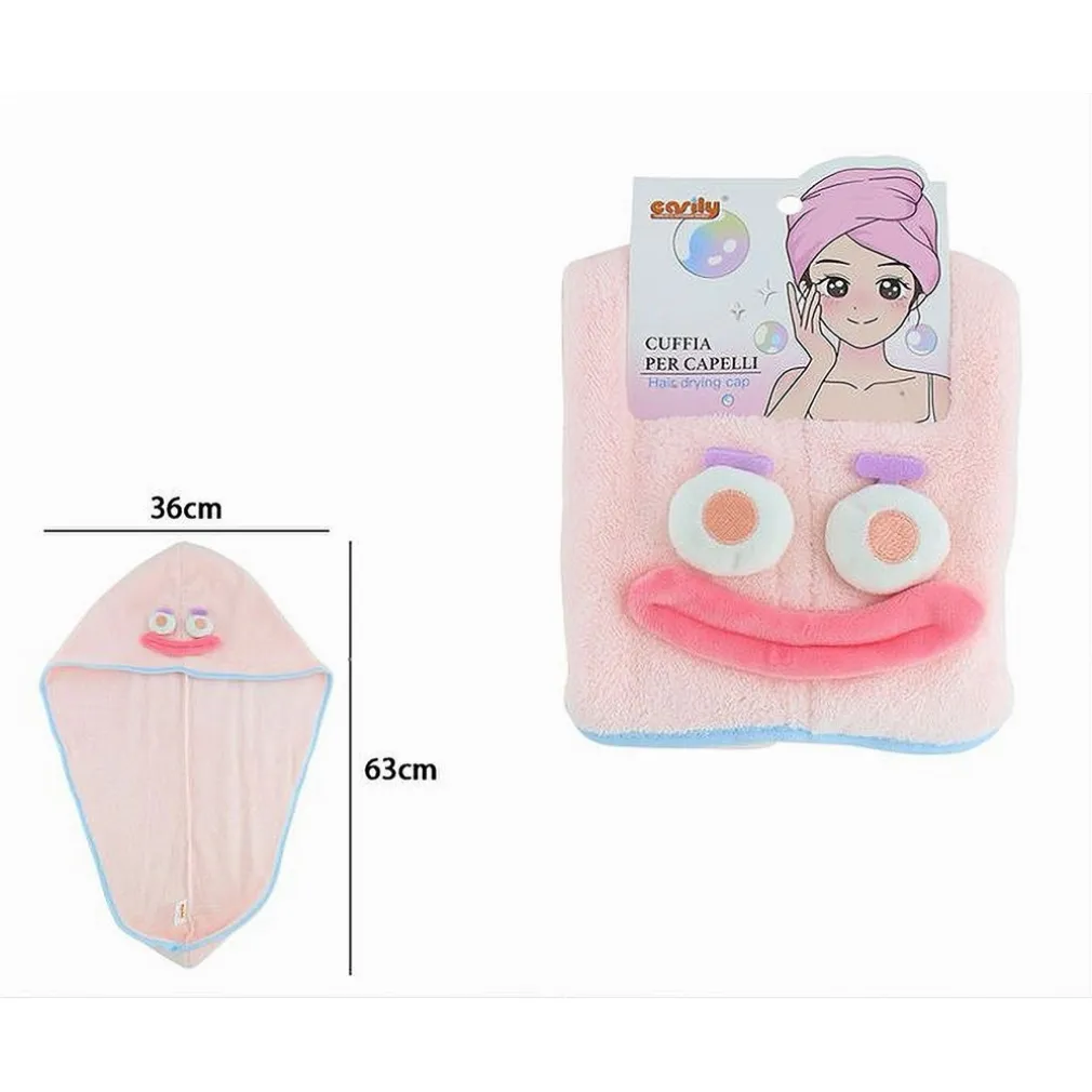 CUFFIA CAPELLI ASCIUGAMANO ASCIUGA ASSORBENTE SHAMPOO BAGNO DOCCIA CON FACCIA 10736