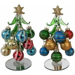 DECORAZIONE NATALIZIA ALBERO DI NATALE 15CM IN VETRO CON PALLINE PER ADDOBBI CASA VETRINE