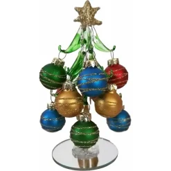 DECORAZIONE NATALIZIA ALBERO DI NATALE 15CM IN VETRO CON PALLINE PER ADDOBBI CASA VETRINE