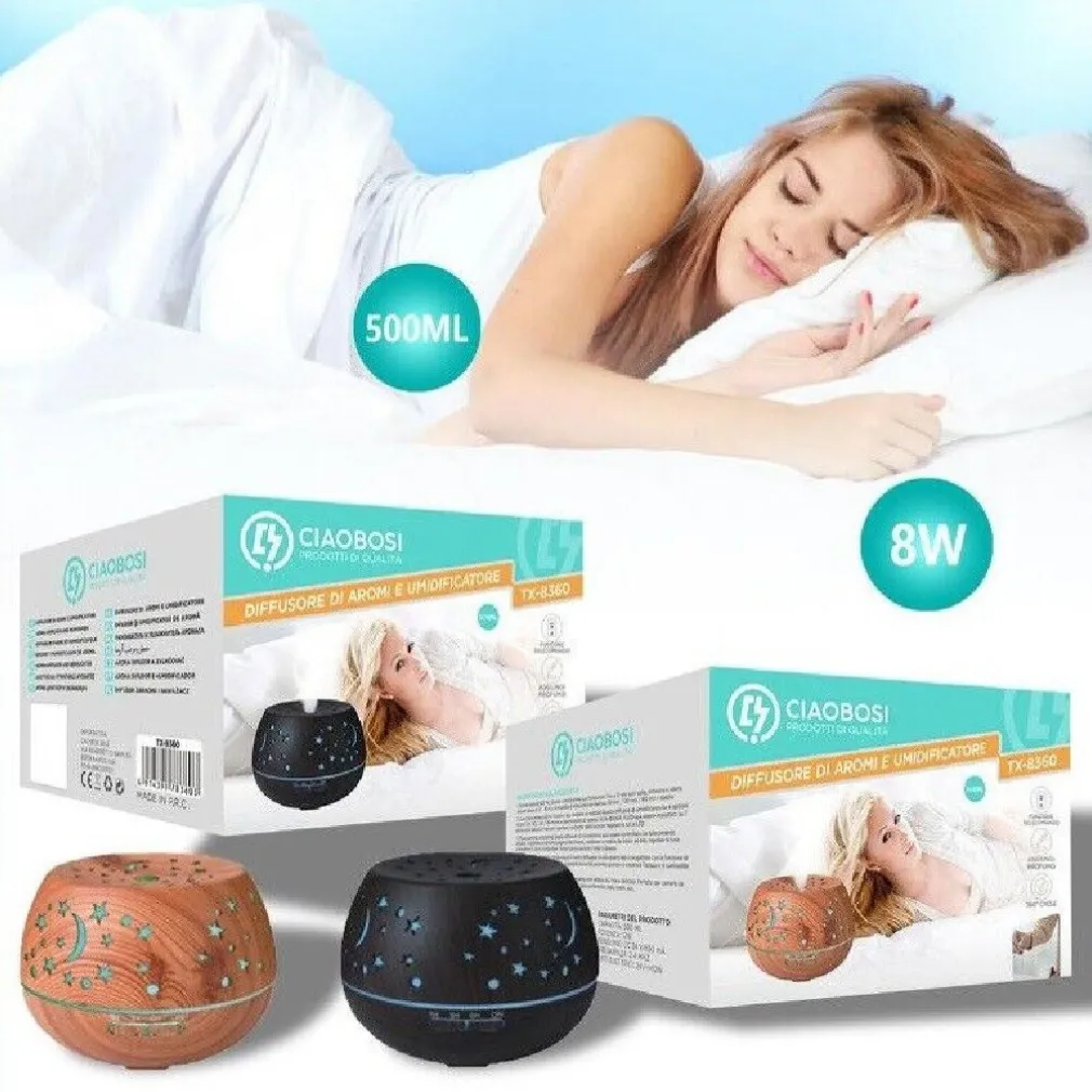 DIFFUSORE AROMI UMIDIFICATORE ULTRASUONI 500ML 8W AROMATERAPIA OLI ESSENZIALI TX-8360