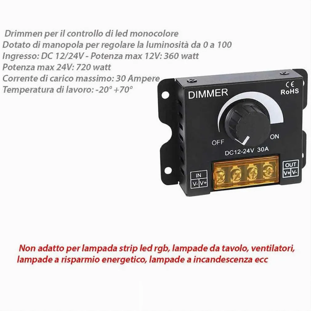 DIMMER PER LUCI LED MONOCOLORE INTERRUTTORE CONTROLLER MANOPOLA 12-24V DM-12-24V