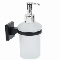 DISPENSER DOSATORE EROGATORE SAPONE DA MURO PARETE NERO IN ACCIAIO VETRO BAGNO