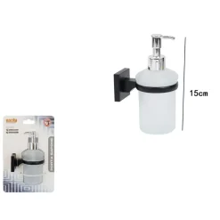 DISPENSER DOSATORE EROGATORE SAPONE DA MURO PARETE NERO IN ACCIAIO VETRO BAGNO