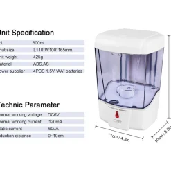 DISPENSER EROGATORE DOSATORE SAPONE AUTOMATICO INFRAROSSI CON FOTOCELLULA 600ML