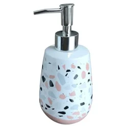 DISPENSER PORTA SAPONE BAGNO GRANIGLIA BIANCO MULTICOLORE CON BASE ROSA 59875