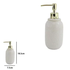DISPENSER PORTA SAPONE LIQUIDO BAGNO BIANCO DESIGN ETNICO CON POMPA DORATA 87790