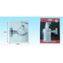 DISPENSER PORTA SAPONE LIQUIDO ACCIAIO VETRO SATINATO FISSAGGIO PARETE BAGNO 52207A