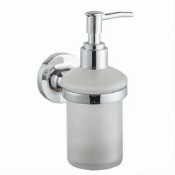 DISPENSER PORTA SAPONE LIQUIDO A PARETE ACCIAIO BICCHIERE VETRO SATINATO 79805
