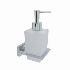 DISPENSER SAPONE CUBICO DA MURO IN ACCIAIO VETRO SATINATO 16CM ARREDO BAGNO 87215