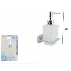 DISPENSER SAPONE CUBICO DA MURO IN ACCIAIO VETRO SATINATO 16CM ARREDO BAGNO 87215