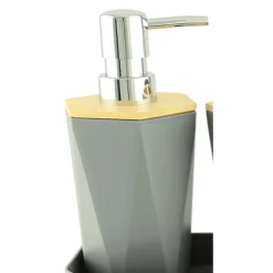 DISPENSER SAPONE LIQUIDO A CILINDRO ESAGONALE GEOMETRICO GRIGIO LEGNO DA BAGNO 10846