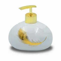 DISPENSER SAPONE LIQUIDO IN CERAMICA BIANCA DECORATO CON PIUMA ORO BAGNO 59894