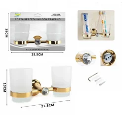 DOPPIO BICCHIERE SUPPORTO BAGNO PORTA SPAZZOLINO DENTI MURO DORATO ORO DGO-106