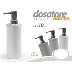 DOSATORE PORTA SAPONE LIQUIDO DISPENSER METALLO ROMBO COLORI ASS. 6X19CM 783340