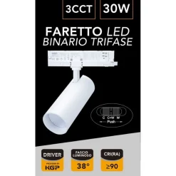 FARETTO A LED PER PISTA BINARIO TRIFASE 30 W CCT LUCE 300K-4000K-5000K IP20 GD23K-3C
