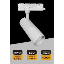 FARETTO LED 30 W BINARIO TRACK TRIFASE FARO LUCE 4000K IP20 NERO BIANCO PT4-30W
