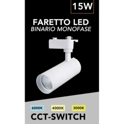 FARETTO LED 15W ORIENTABILE PER BINARIO MONOFASE DIREZIONABILE CCT SWITCH IP20 FM-15W-3C